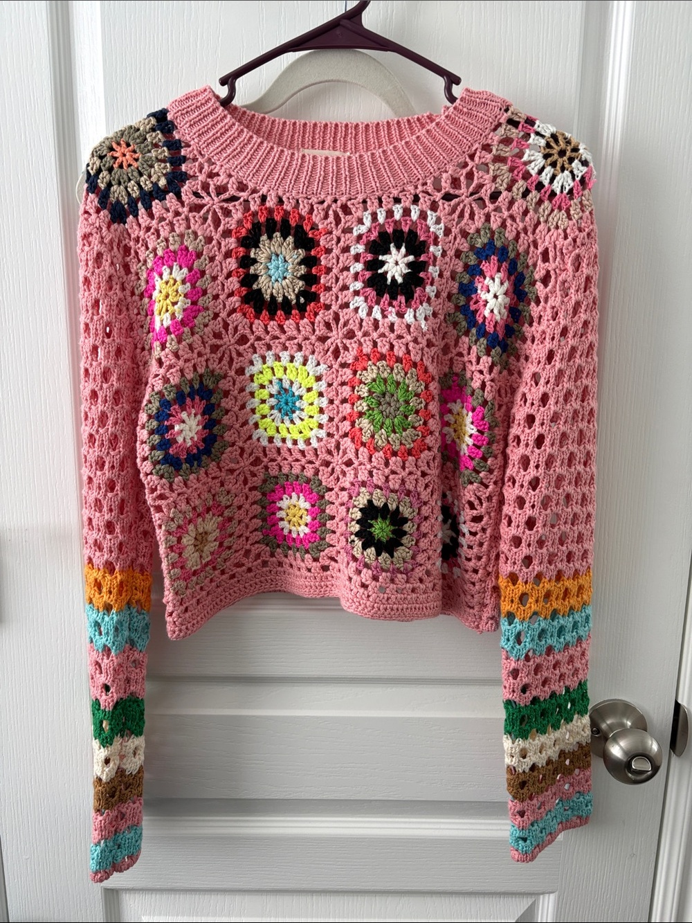 debut Pink Crochet Granny Square Crewneck Sweater with Multicolor Accents